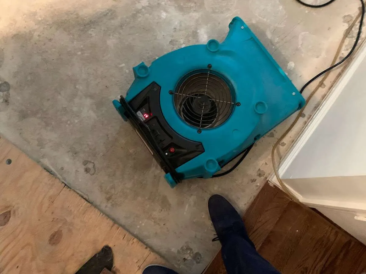 Air mover drying subfloor during Leak Detection & Repair in Lowell